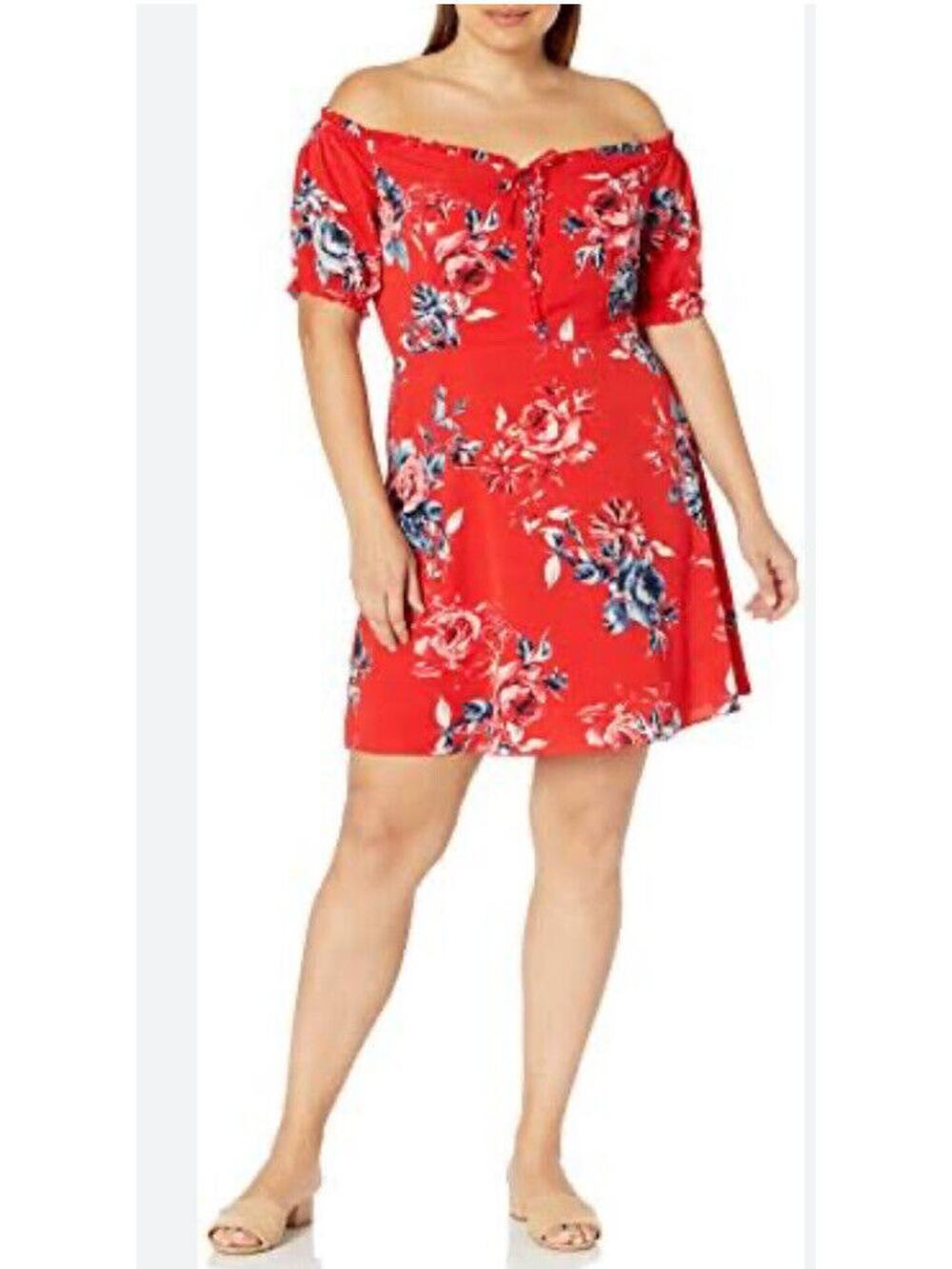 City Chic Red Floral Off Shoulder Womens Dress Size 20 Tie Paris
